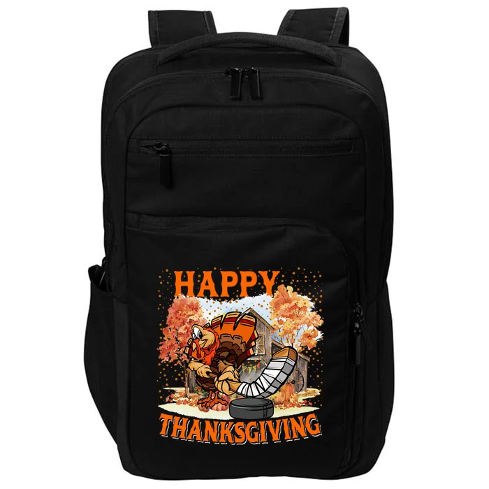 Happy Thanksgiving Turkey Playing Hockey Player Fall Tree Gift Impact Tech Backpack