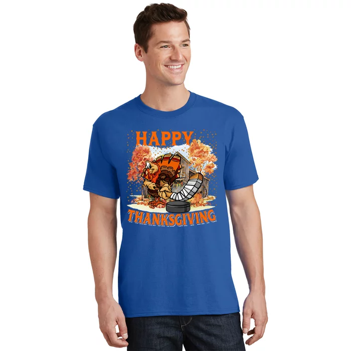 Happy Thanksgiving Turkey Playing Hockey Player Fall Tree Gift T-Shirt