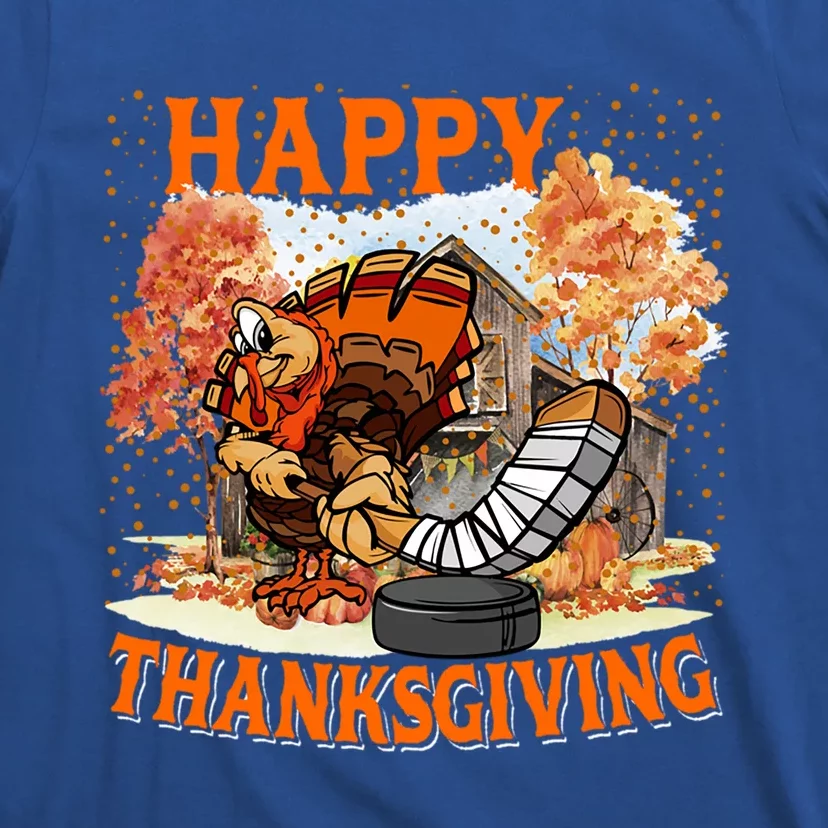 Happy Thanksgiving Turkey Playing Hockey Player Fall Tree Gift T-Shirt