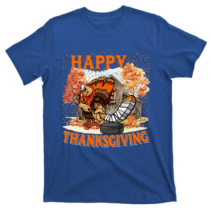 Happy Thanksgiving Turkey Playing Hockey Player Fall Tree Gift T-Shirt