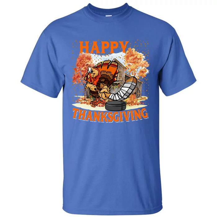 Happy Thanksgiving Turkey Playing Hockey Player Fall Tree Gift Tall T-Shirt