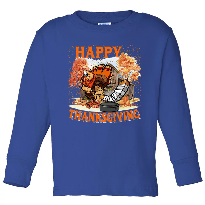 Happy Thanksgiving Turkey Playing Hockey Player Fall Tree Gift Toddler Long Sleeve Shirt