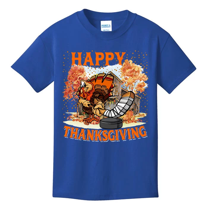 Happy Thanksgiving Turkey Playing Hockey Player Fall Tree Gift Kids T-Shirt