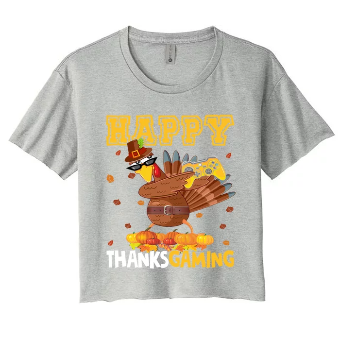 Happy Thanksgaming Thanksgiving Turkey Playing Video Game Gift Women's Crop Top Tee