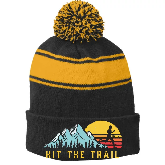 Hit The Trail Runner Retro Style Vintage Running Graphic Stripe Pom Pom Beanie