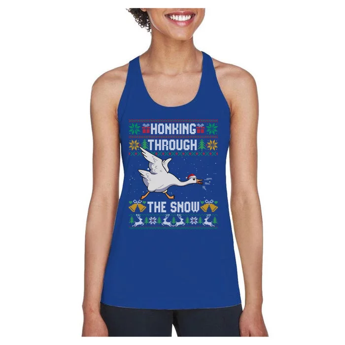 Honking Through The Snow Funny Goose Ugly Christmas Sweater Gift Women's Racerback Tank