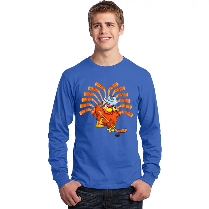 Happy Thanksgiving Turkey Playing Hockey Team Givethanks Day Gift Tall Long Sleeve T-Shirt