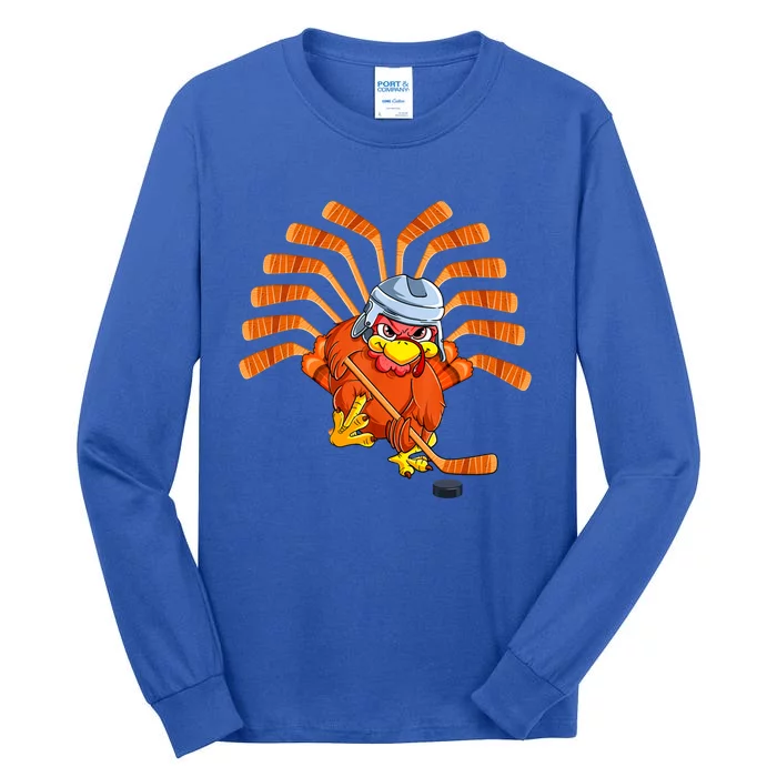 Happy Thanksgiving Turkey Playing Hockey Team Givethanks Day Gift Tall Long Sleeve T-Shirt