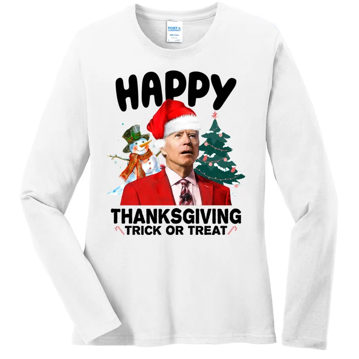 Happy Thanksgiving Trick Or Treat Funny Joe Biden Ladies Long Sleeve Shirt