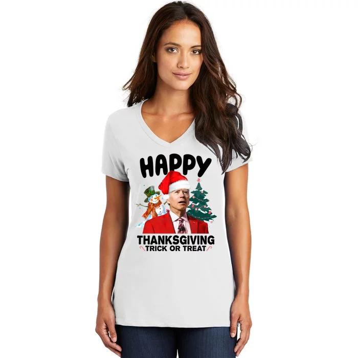 Happy Thanksgiving Trick Or Treat Funny Joe Biden Women's V-Neck T-Shirt