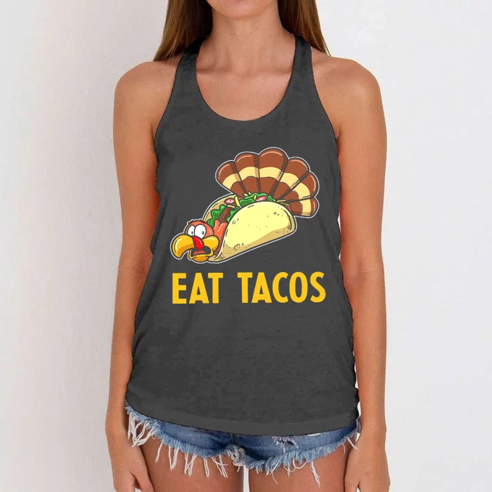 Happy Thanksgiving Turkey Day Turkey Eat Tacos Funny Women's Knotted Racerback Tank