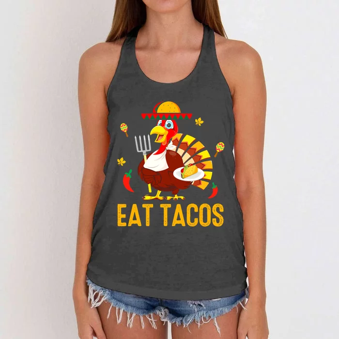 Happy Thanksgiving Turkey Day Turkey Eat Tacos Funny Women's Knotted Racerback Tank