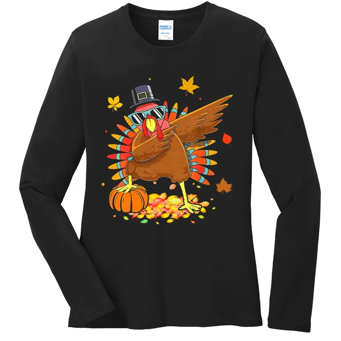 Happy Thanksgiving Turkey Dabbing Funny Pilgrim Boys Ladies Long Sleeve Shirt