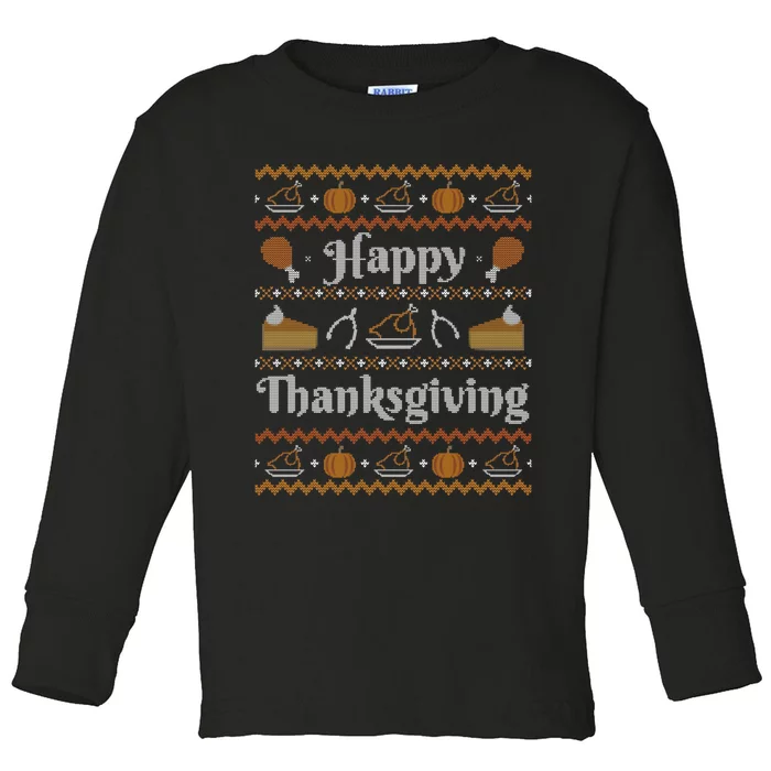 Happy Thanksgiving Ugly Sweater Style Happy Holiday Funny Toddler Long Sleeve Shirt