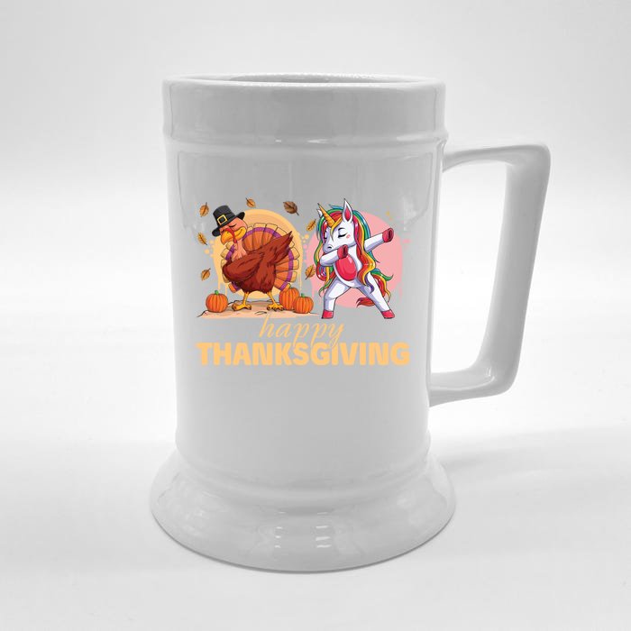 Happy Thanksgiving Unicorn Turkey Dabbing Funny Cute Gift Front & Back Beer Stein