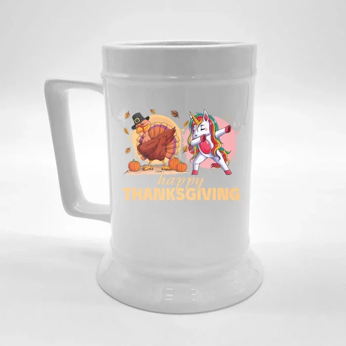 Happy Thanksgiving Unicorn Turkey Dabbing Funny Cute Gift Front & Back Beer Stein