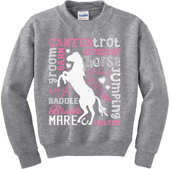 Horse Typography Word Art Equestrian Horseback Riding Kids Sweatshirt