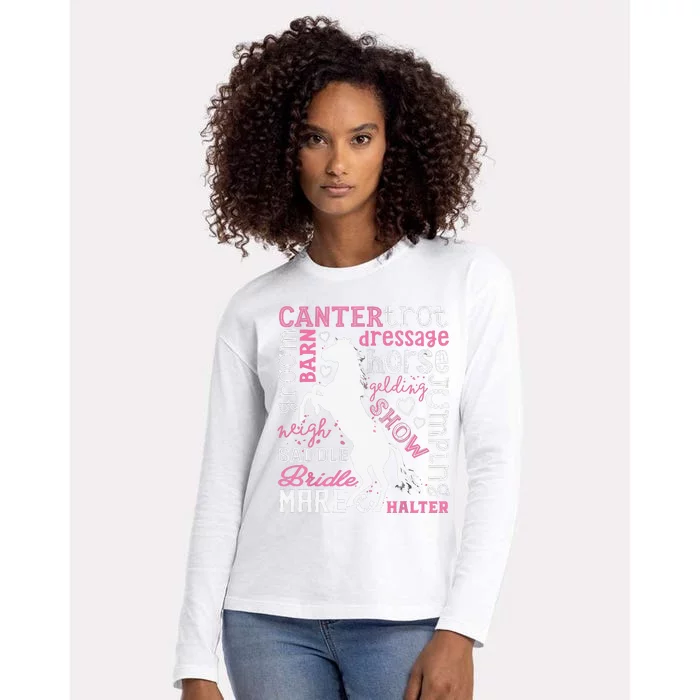 Horse Typography Word Art Equestrian Horseback Riding Womens Cotton Relaxed Long Sleeve T-Shirt