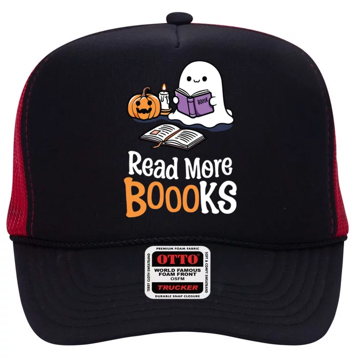 Halloween Teacher Women Cute Reading Ghost Read More Books High Crown Mesh Trucker Hat