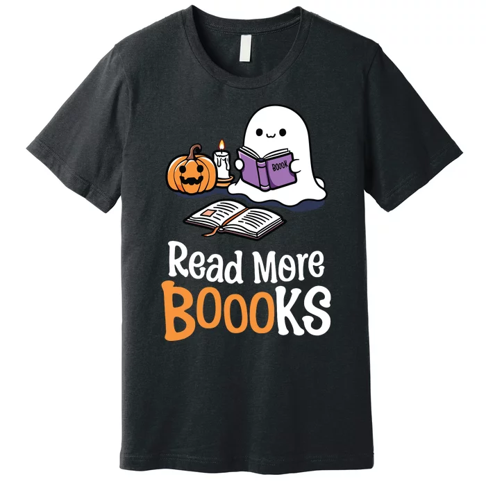 Halloween Teacher Women Cute Reading Ghost Read More Books Premium T-Shirt