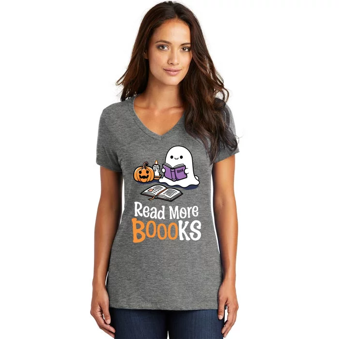 Halloween Teacher Women Cute Reading Ghost Read More Books Women's V-Neck T-Shirt