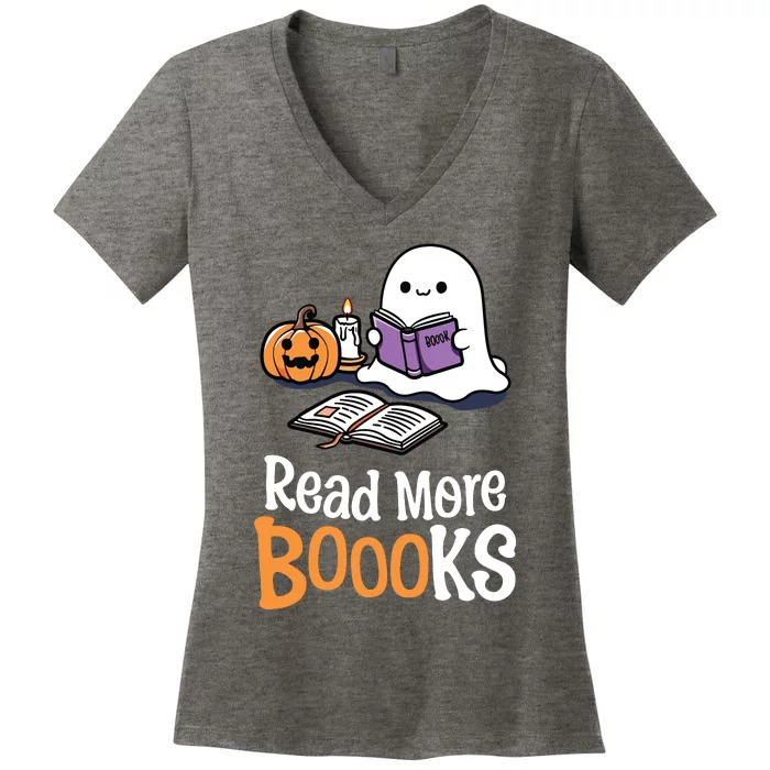 Halloween Teacher Women Cute Reading Ghost Read More Books Women's V-Neck T-Shirt