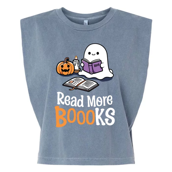 Halloween Teacher Women Cute Reading Ghost Read More Books Garment-Dyed Women's Muscle Tee