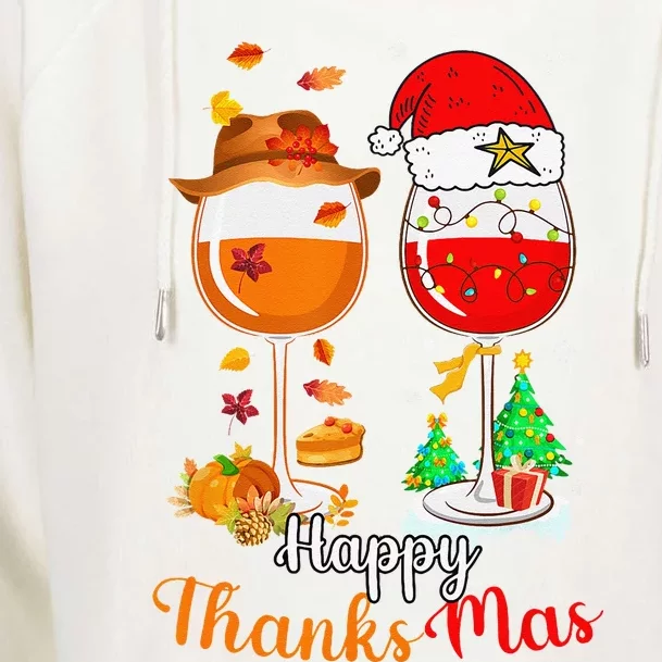 Happy Thanksmas Wine Thanksgiving Christmas Womens Funnel Neck Pullover Hood