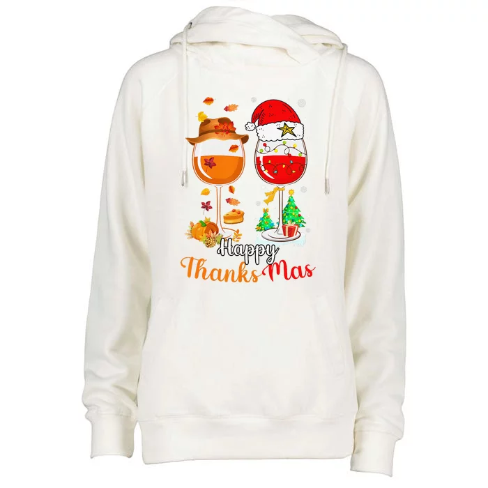 Happy Thanksmas Wine Thanksgiving Christmas Womens Funnel Neck Pullover Hood