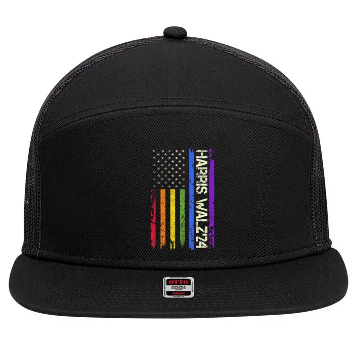 Harris Tim Waltz 2024 Us American Flag Lgbt Peace Love Hope 7 Panel Mesh Trucker Snapback Hat