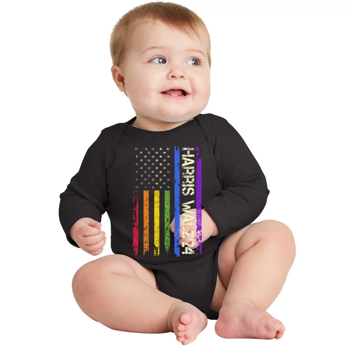 Harris Tim Waltz 2024 Us American Flag Lgbt Peace Love Hope Baby Long Sleeve Bodysuit