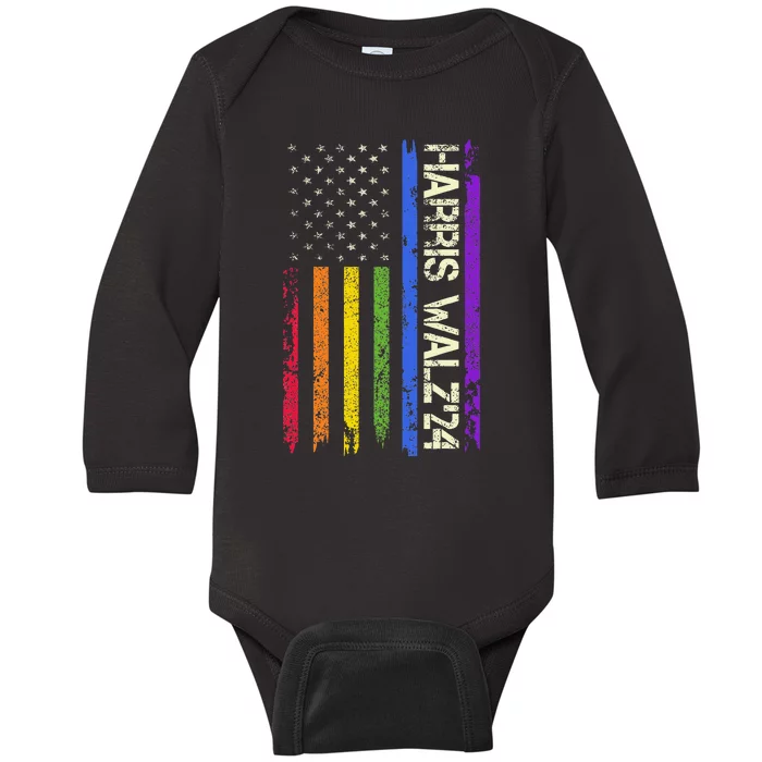 Harris Tim Waltz 2024 Us American Flag Lgbt Peace Love Hope Baby Long Sleeve Bodysuit