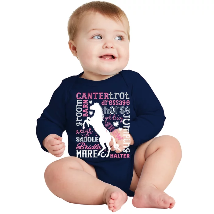 Horse Typography Word Art Equestrian Horseback Riding Gift Baby Long Sleeve Bodysuit