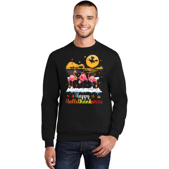 Halloween Thanksgiving Xmas Happy Hallo Thanksmas Flamingo Sweatshirt