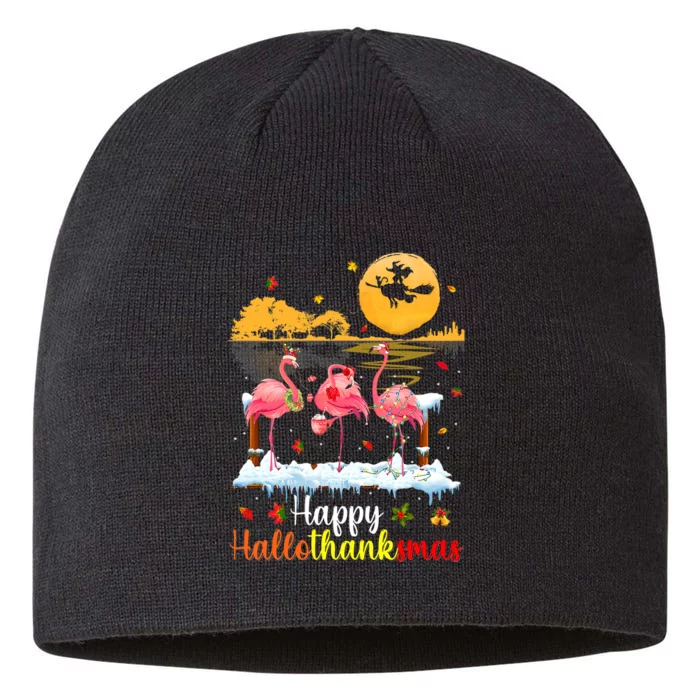 Halloween Thanksgiving Xmas Happy Hallo Thanksmas Flamingo 8 1/2in Sustainable Knit Beanie