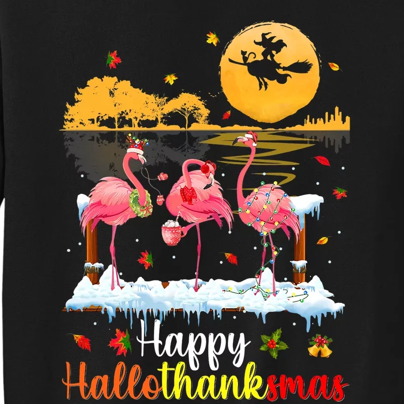 Halloween Thanksgiving Xmas Happy Hallo Thanksmas Flamingo Tall Sweatshirt