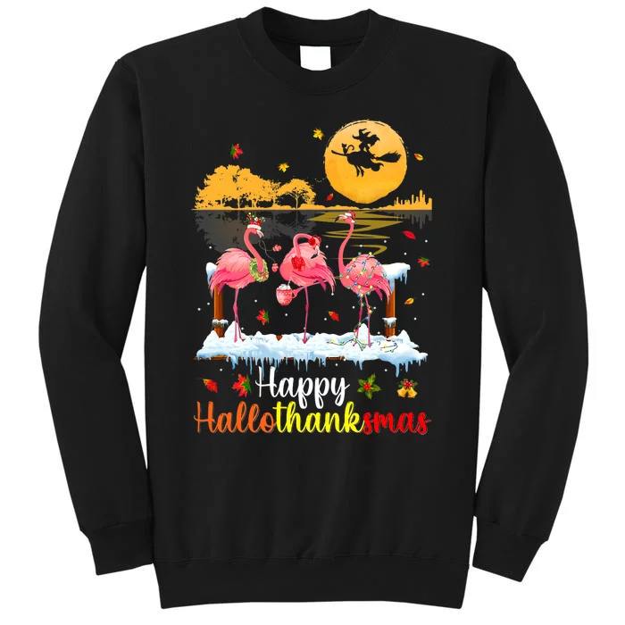 Halloween Thanksgiving Xmas Happy Hallo Thanksmas Flamingo Tall Sweatshirt