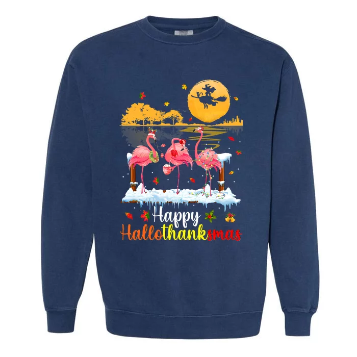 Halloween Thanksgiving Xmas Happy Hallo Thanksmas Flamingo Garment-Dyed Sweatshirt