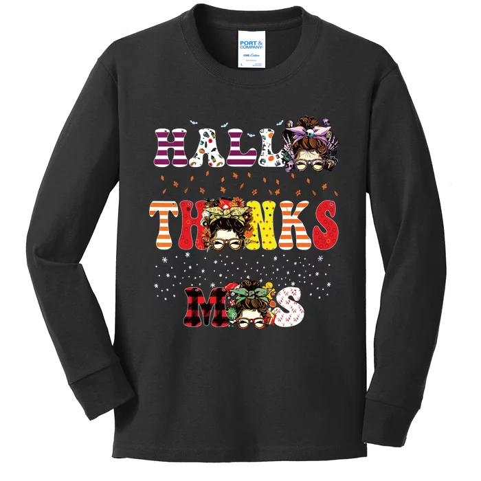 Halloween Thanksgiving Xmas Happy Hallothanksmas Messy Bun Kids Long Sleeve Shirt