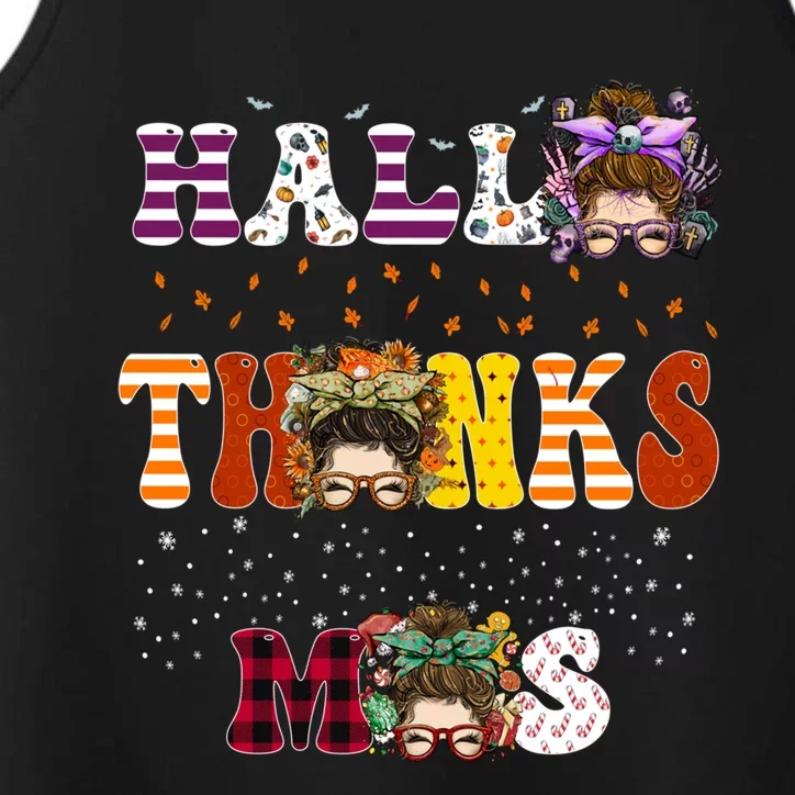 Halloween Thanksgiving Xmas Happy Hallothanksmas Messy Bun Great Gift Performance Tank