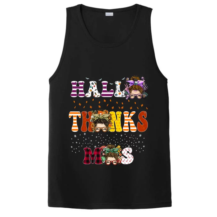 Halloween Thanksgiving Xmas Happy Hallothanksmas Messy Bun Great Gift Performance Tank