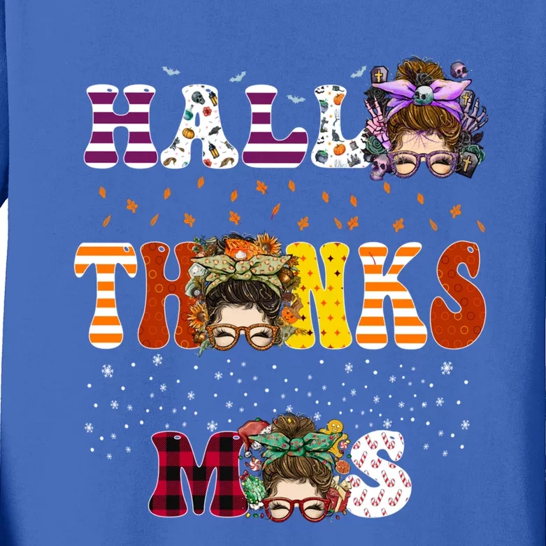 Halloween Thanksgiving Xmas Happy Hallothanksmas Messy Bun Great Gift Kids Long Sleeve Shirt