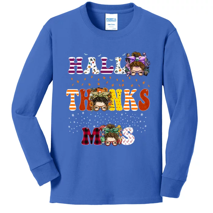 Halloween Thanksgiving Xmas Happy Hallothanksmas Messy Bun Great Gift Kids Long Sleeve Shirt