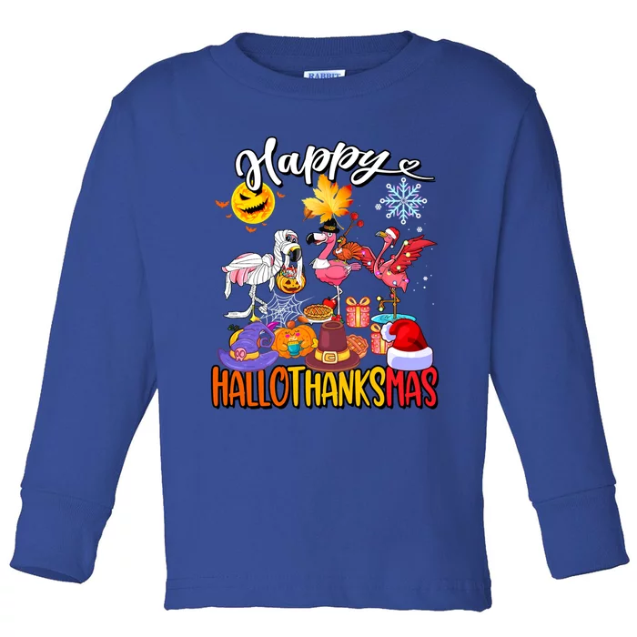 Halloween Thanksgiving Xmas Flamingo Happy Hallothanksmas Cool Gift Toddler Long Sleeve Shirt