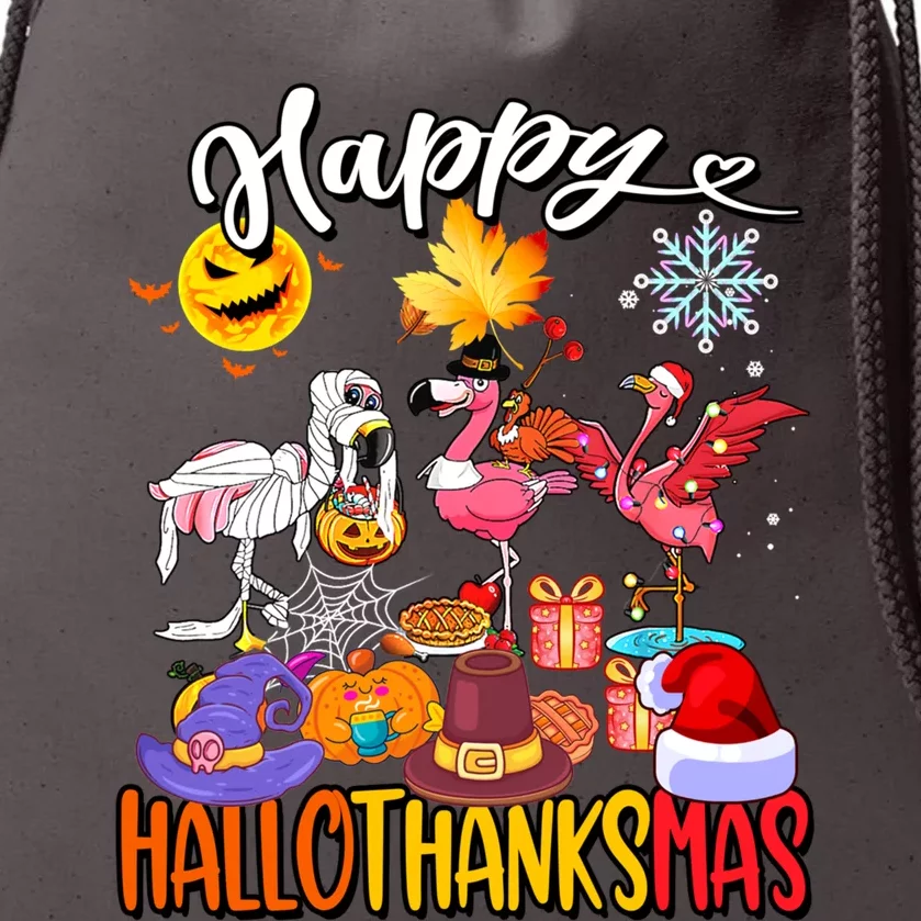 Halloween Thanksgiving Xmas Flamingo Happy Hallothanksmas Cool Gift Drawstring Bag