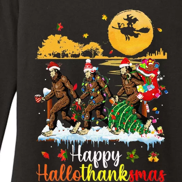 Halloween Thanksgiving Xmas Happy HalloThanksmas Bigfoot Womens CVC Long Sleeve Shirt