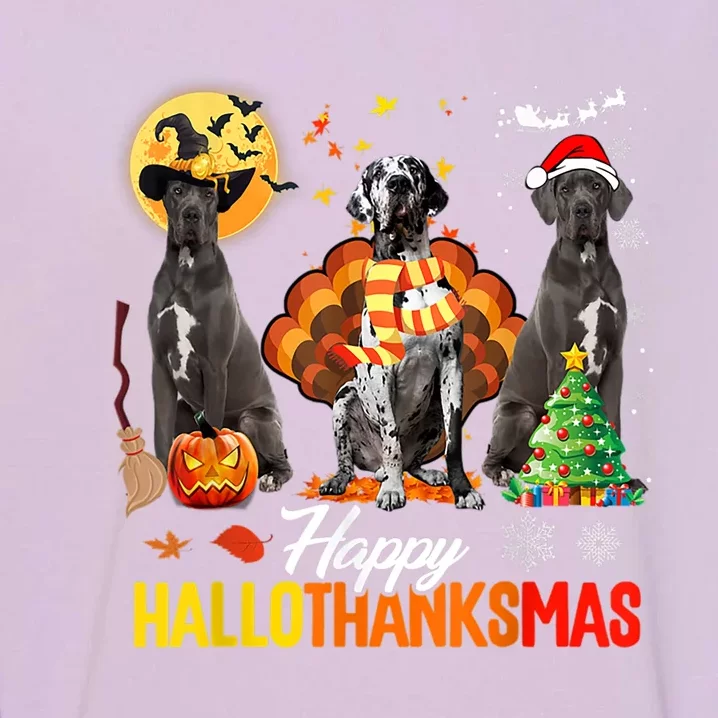 Halloween Thanksgiving Xmas Happy Hallothanksmas Great Dane Gift Garment-Dyed Sweatshirt