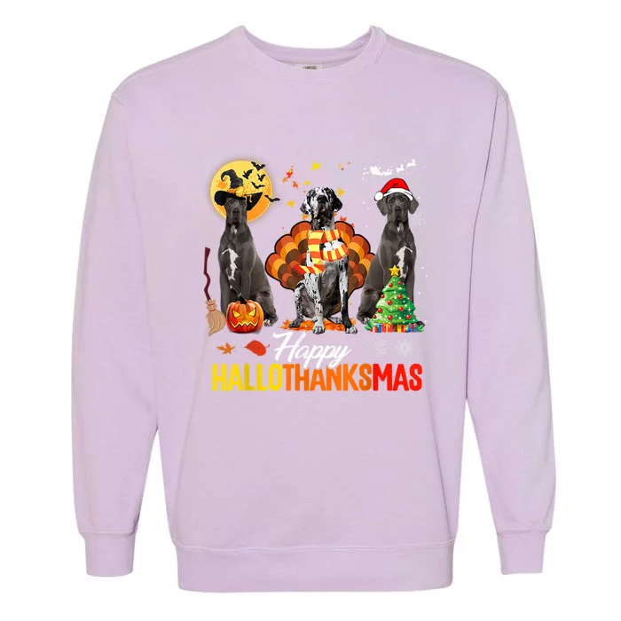 Halloween Thanksgiving Xmas Happy Hallothanksmas Great Dane Gift Garment-Dyed Sweatshirt