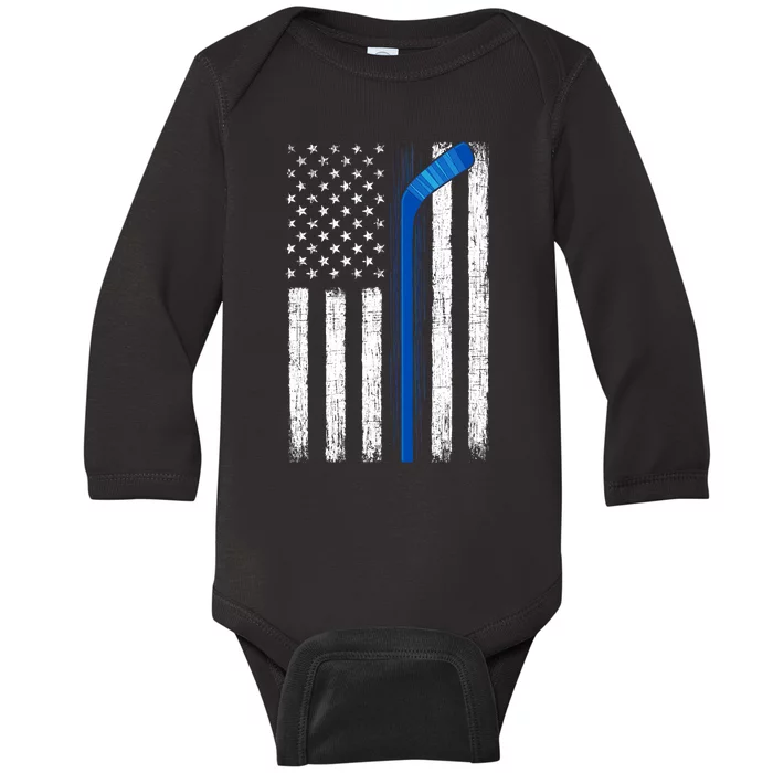 Hockey USA American Flag Patriotic Hockey Player, Family Baby Long Sleeve Bodysuit