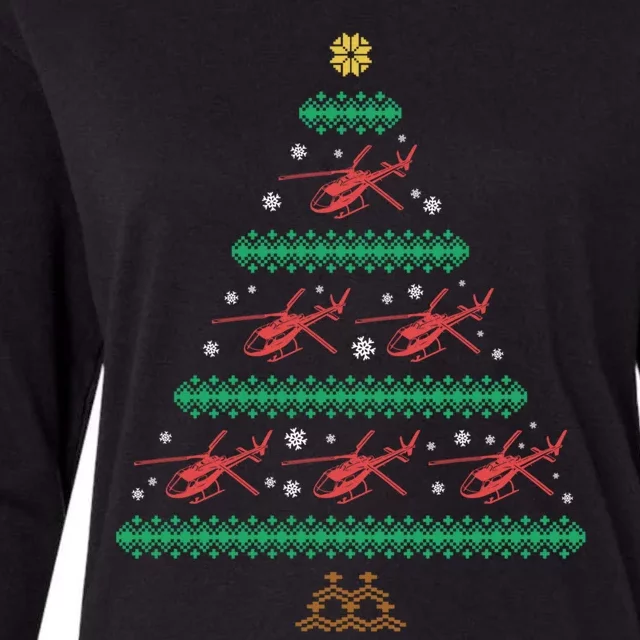 Helicopter Ugly Christmas Pilot Xmas Tree Heli Gift Womens Cotton Relaxed Long Sleeve T-Shirt